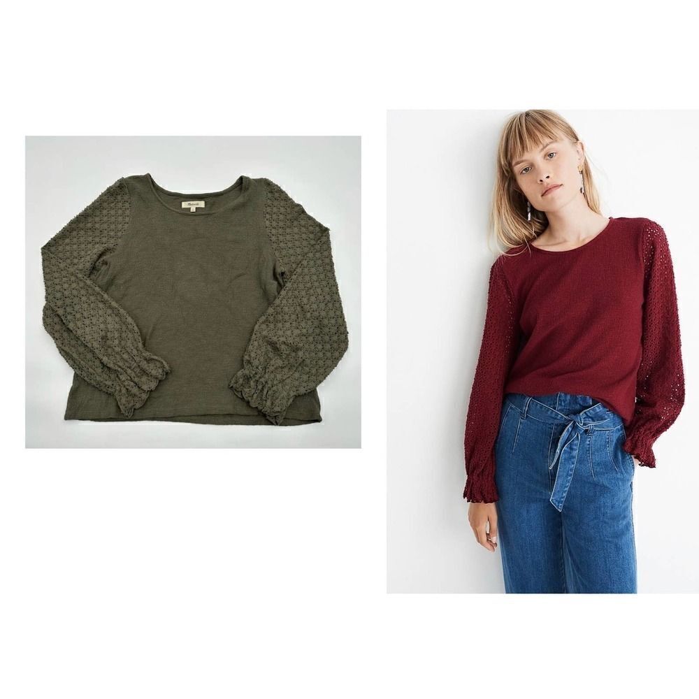 Madewell Texture & Thread Eyelet Mix Ruffle-Sleeve Top Size S green